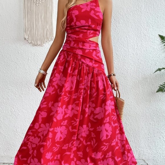 Pink Boho Womens Floral Print One Shoulder Cut Out Waist Ruffle Hem Dress - Picture 4 of 5